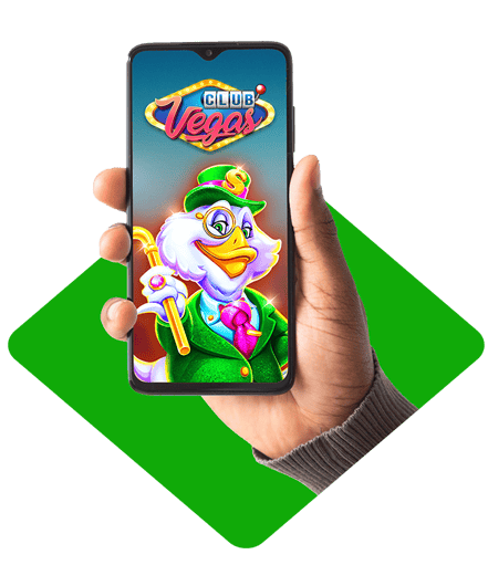 A hand holding a phone showing the Club Vegas Logo A hand holding a phone showing the Club Vegas Logo